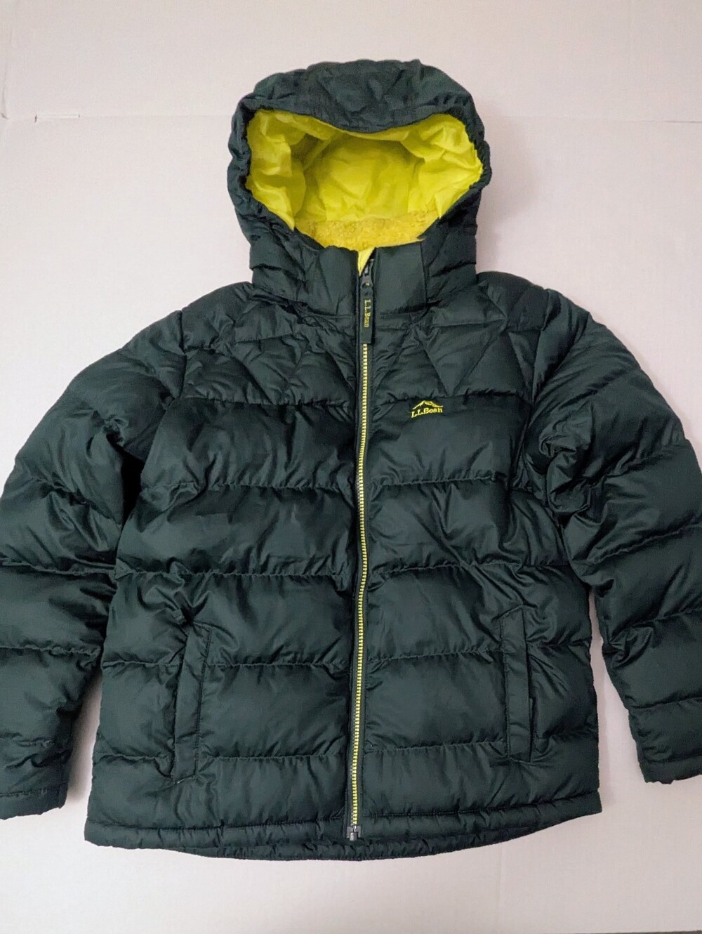 L.L. Bean Kid's Down Puffer Jacket Dark Green Hooded Zip Pockets Size L 14-16